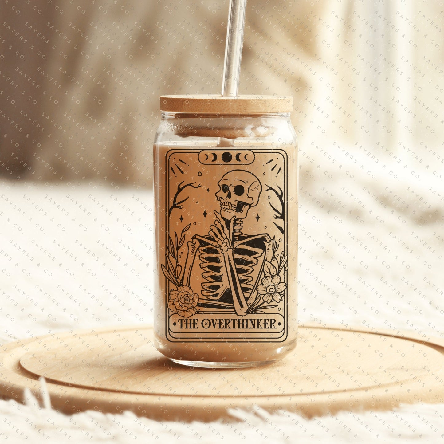 Tarot Card Glass Cup with Bamboo Lid & Straw